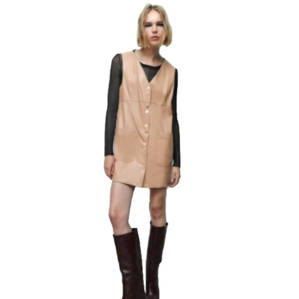 NWT ZARA Faux Leather Snap Closure Mini Pinafore Dress with Pockets Size M